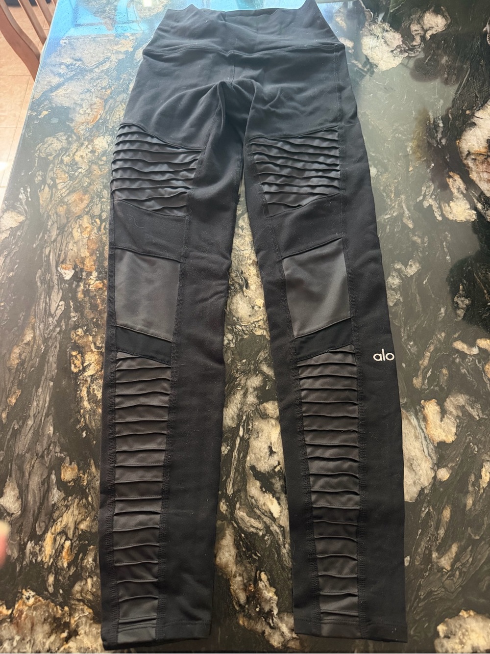 ALO Yoga Black Moto Ribbed Leggings with Panel Details